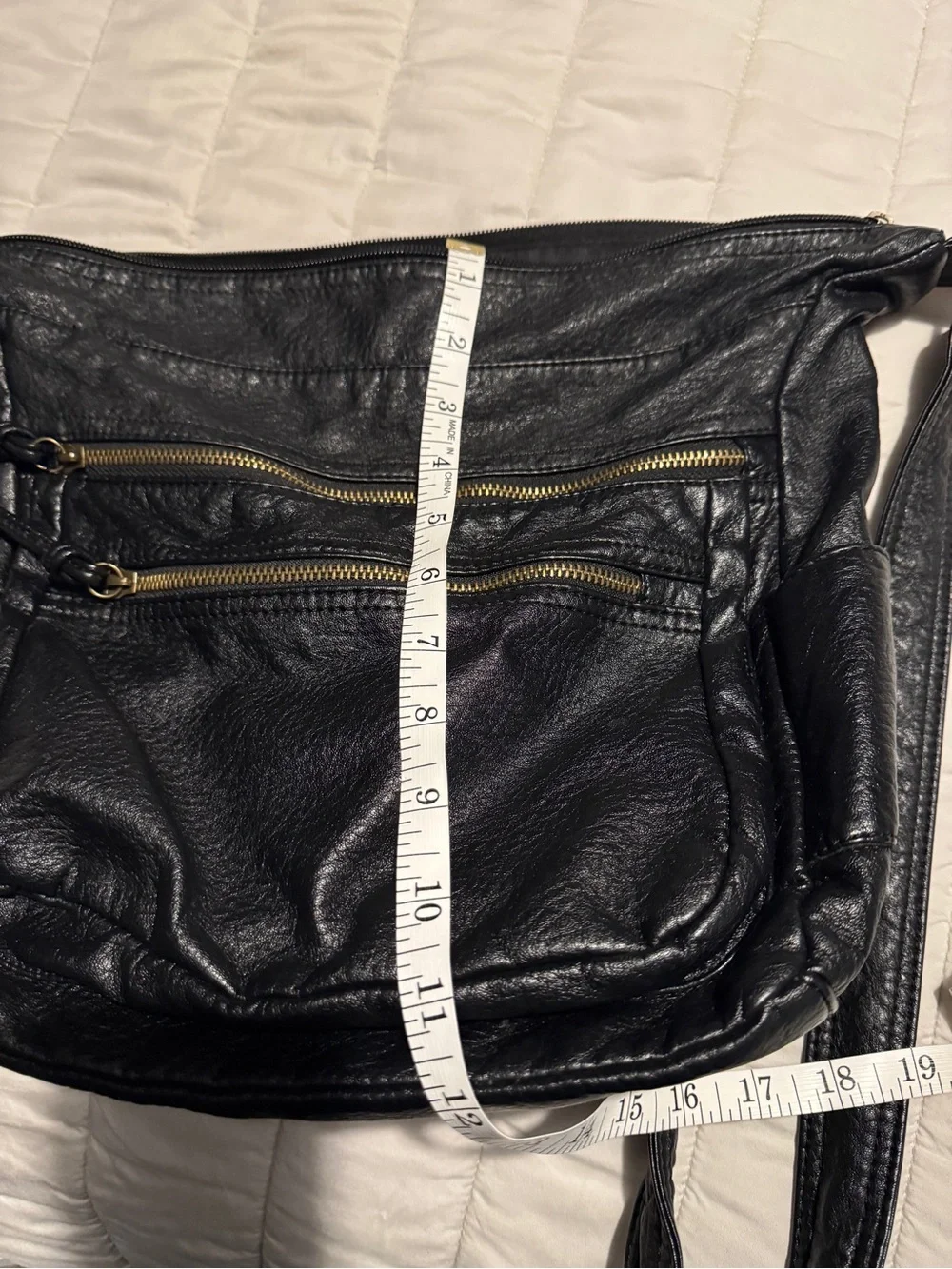 Black Leather Crossbody Bag with Front Zip Pockets